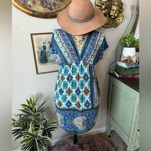 Xhilaration Blue Tan Floral Paisley Boho Hippie Elastic Waist V Neck Dress Sz S